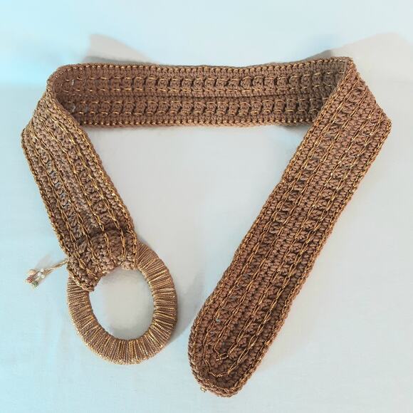 Boho Lux Golden Brown Crochet Belt Medium Waist Jumbro Statement Wrapped Buckle - Picture 5 of 11